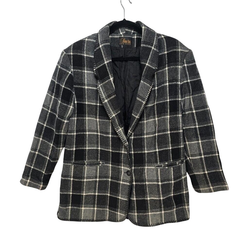 David Paul New York Vintage Plaid Wool Blend‎ Blazer Jacket Black Grey Woman LRG